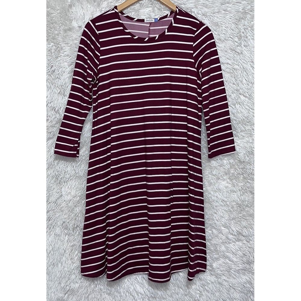 Yarn & Sea 3/4 Sleeve Burgundy Striped Relaxed‎ Fit Mid Dress Small 4-6